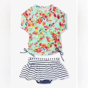 RuffleButts Girls ‘Painted Flowers’ Long Sleeve RashGuard Skirted Tankini Set